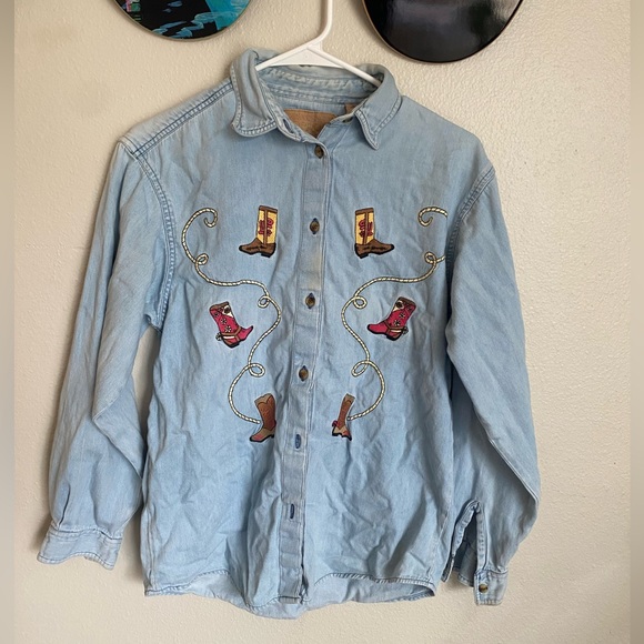 Vintage Embroidered Cowboy Boots Denim Button-up - Picture 1 of 4